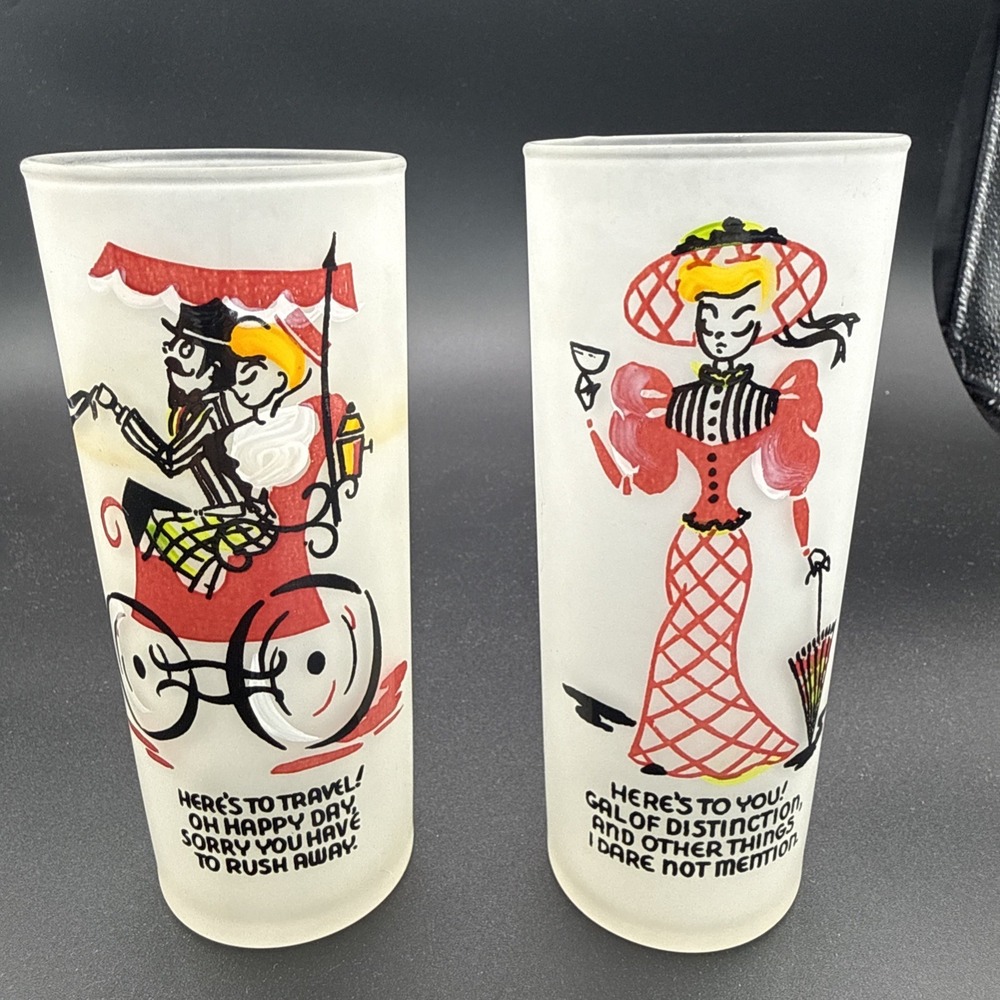 Vintage Federal Glass Set Of 2 "Gay‎ Fad" Of The 20's-30's Frosted With Graphics